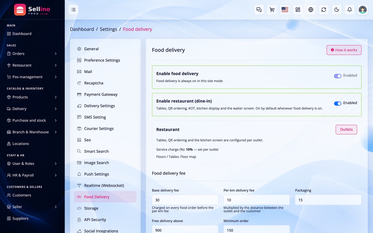 Food delivery settings